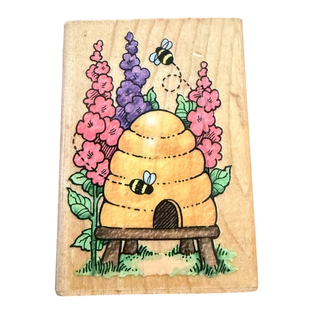 Stampendous Beehive With Bees Flower H105 Rubber Stamp